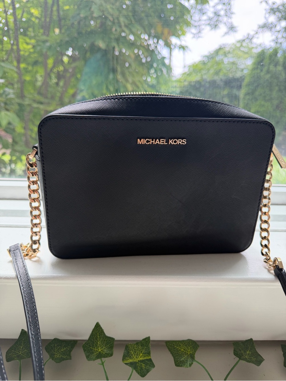 Michael Kors Black Saffiano Leather Crossbody with Gold Chain
